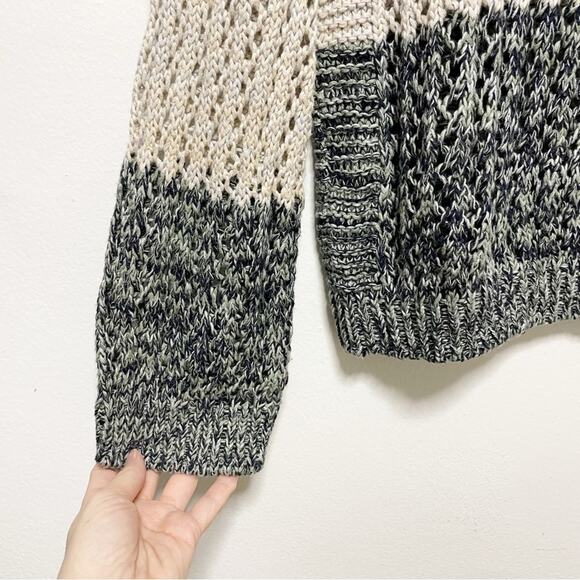 One Grey Day Tan Gray Stripped Bell Sleeve Knitted Sweater - Picture 2 of 9